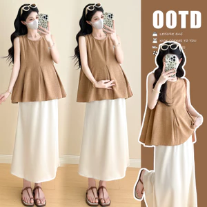 Bộ đồ bà bầu Áo Vest thêu thời trang mùa hè + Váy đuôi cá nâng bụng Bộ đồ hai mảnh