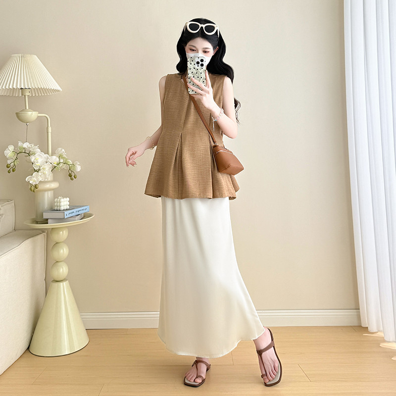 Bộ đồ bà bầu Áo Vest thêu thời trang mùa hè + Váy đuôi cá nâng bụng Bộ đồ hai mảnh