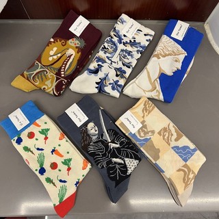 [oklife Tất Nam Nữ] Mùa Xuân Hè Pháp Niche Nam Nữ Cotton Tất AB Bất Đối Xứng Mặc Ngoài Tất Cặp Đôi Tranh Sơn Dầu Tất Giữa Ống