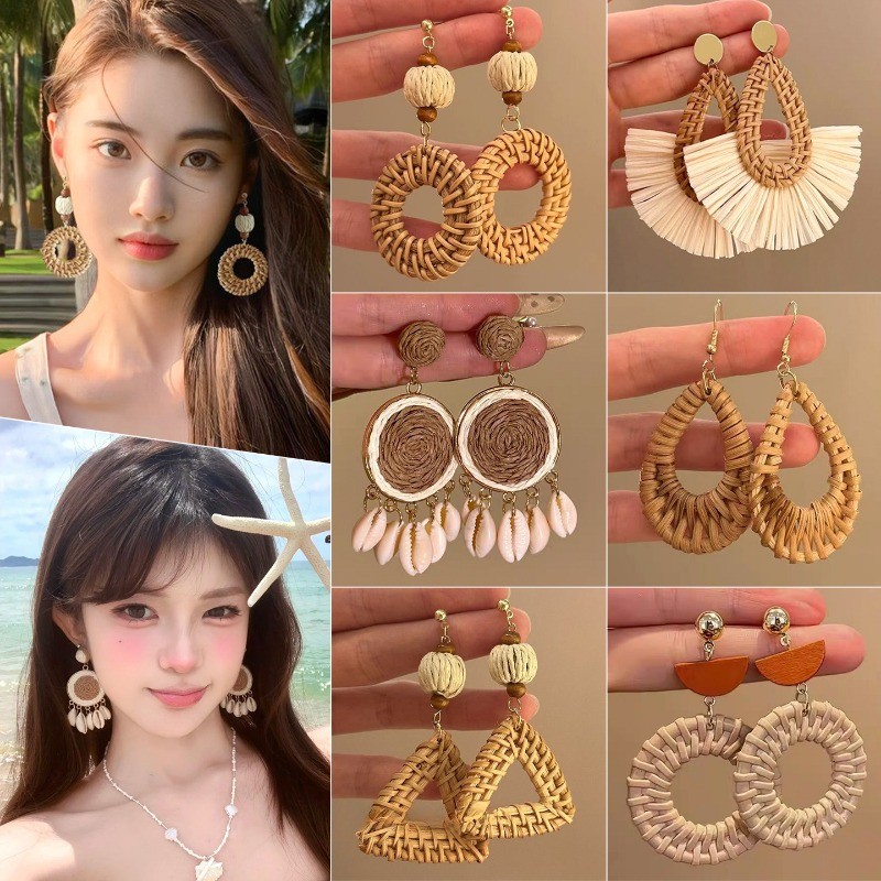 Bông tai nữ ống hút Bohemian 2026 Phong cách mới Bông tai phong cách nghỉ mát bên bờ biển