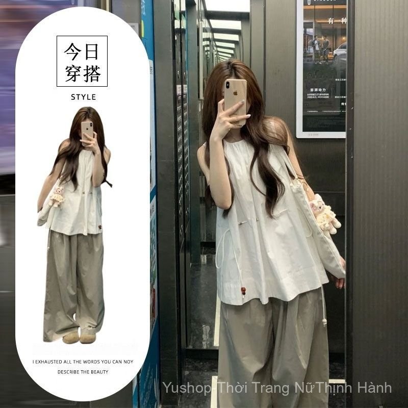 [Yu]Áo sơ mi trắng không tay dây rút, phong cách thường ngày, phối quần ống rộng cao.