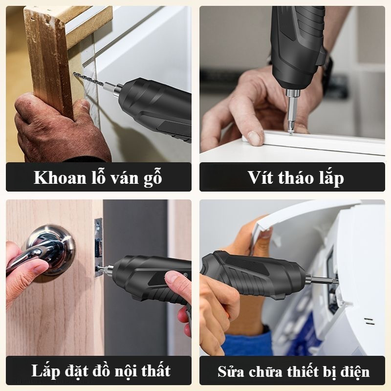 Máy Khoan Bắt Vít Không Dây - 47 Phụ Kiện Đa Năng, Lực Siết Mạnh, Xoay 90° , Tặng Kèm Sạc + Hộp