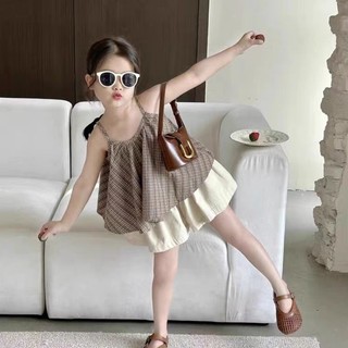 Bộ Đồ Bé Gái Hè - Áo Hai Dây Kẻ Caro Phối Tầng + Quần Váy Trẻ Trung