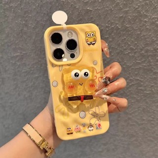 Vỏ họa tiết thiên thạch SpongeBob SquarePants dễ thương + Giá đỡ cho IPhone 11 13 16 12 14 15 Pro Max Plus Vỏ điện thoại màu trơn Màu kẹo Chống sốc Sáng tạo Vỏ thiết kế mới