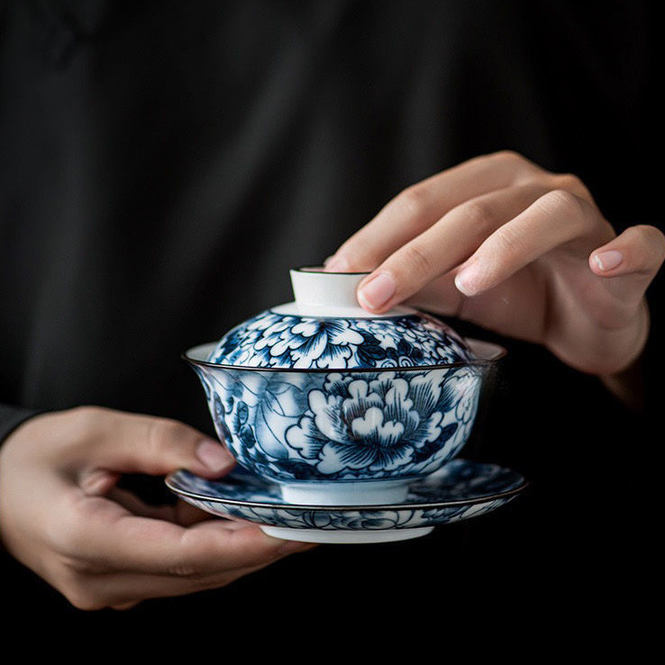 Bộ Trà Gaiwan Trắng Xanh Retro Bộ Trà Kung Fu Gốm sứ Trung Quốc