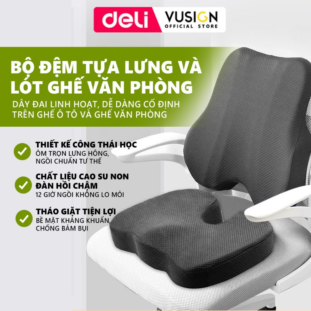 Combo Bộ gối tựa lưng và đệm Foam lót ghế văn phòng DELI, giảm đau mỏi chống gù lưng, hỗ trợ giảm đau ngồi lâu