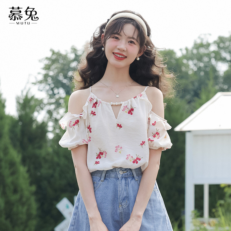 Mutu Áo sơ mi nữ phong cách Pháp ngọt ngào, cổ đào, hoa rời, thiết kế mới cho mùa hè