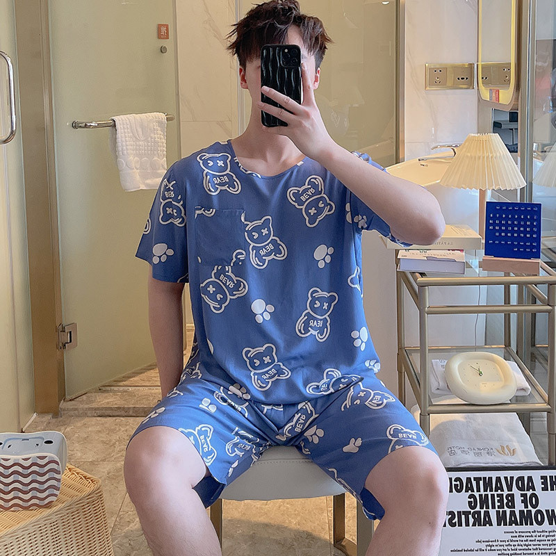 Bộ Đồ Ngủ Nam Ngắn Tay Mùa Hè, Vải Cotton Lụa Nhân Tạo, Phong Cách Loungewear Nhật Bản, Nhiều Kích Cỡ