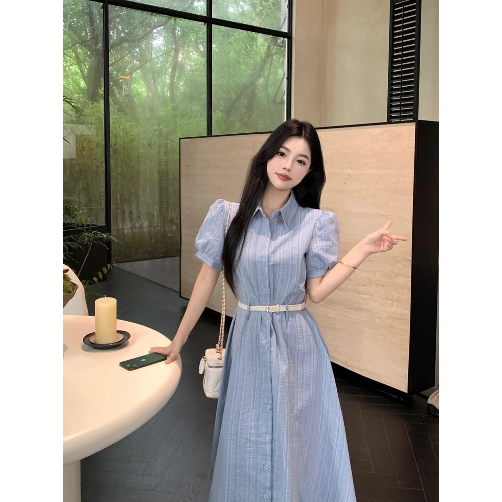 [YU]Đầm ngắn tay cổ polo phong cách Pháp, viền ren duyên dáng, ôm eo, dáng váy thanh lịch.