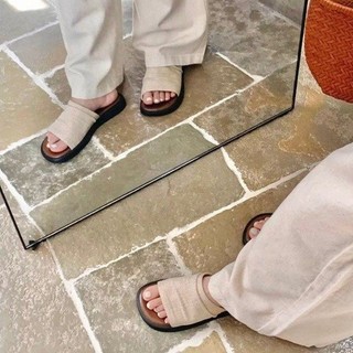 Giày Sandal Gót Chân Tròn Đế Bằng Nữ Vải Lanh Slip-On