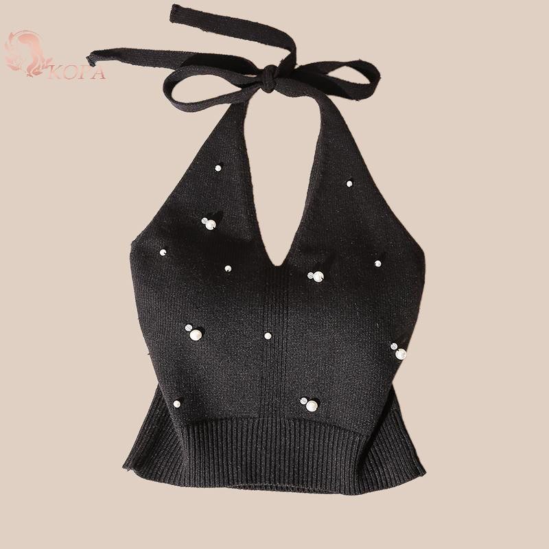 Kopa Áo Vest Nữ Đính Hạt với Dây Thắt Cổ và Thắt Lưng Dệt Kim