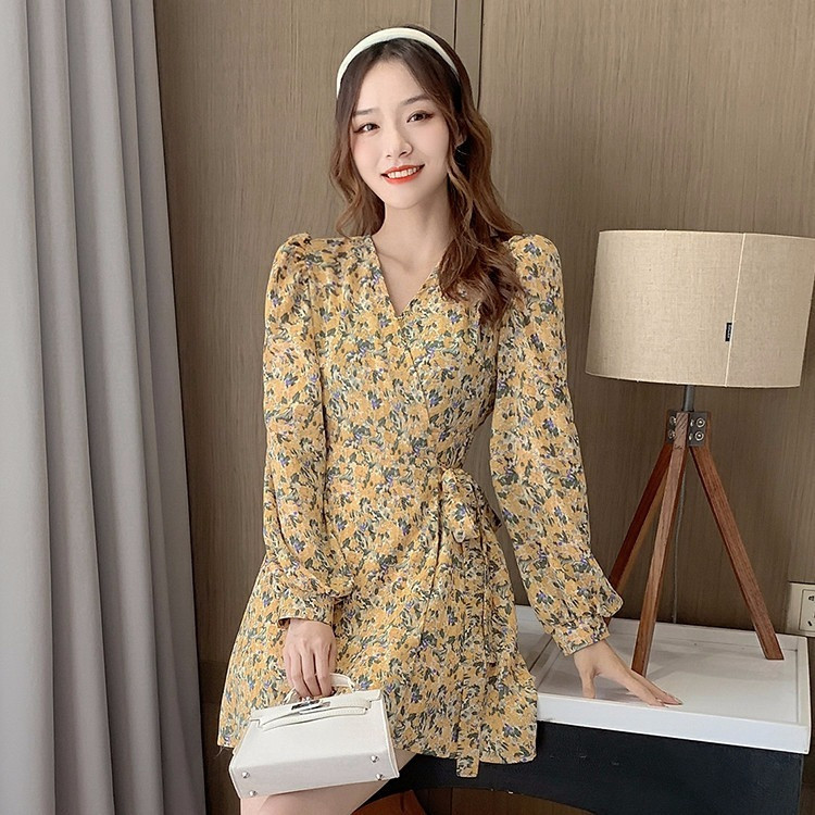 Váy liền dài tay hoa nhí váy liền phong cách biển mẫu mới mùa hè cho nữ