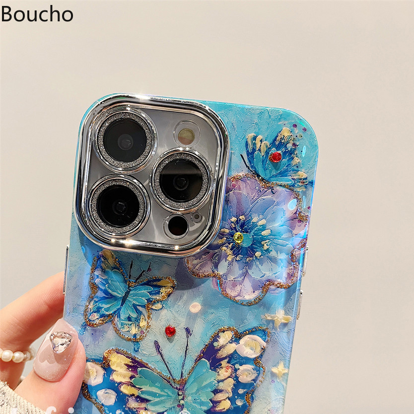 Dành Cho iPhone 15 Pro Max 14promax Tranh Sơn Dầu Thời Trang Màu Xanh Bướm Điện Thoại Có Dây Xích Cho iPhone 11 12 13 14 Pro Max Mềm IMD Chống Sốc Với Ống Kính Phim Mặt Sau
