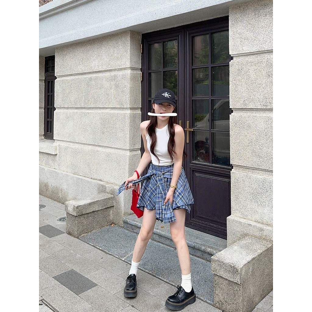 Milyfashion  Irregular Contrast Color Lace-up Design Skirt for Women Summer2024New High Waist Fat Cover Slimming Versatile Short Skirt