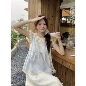 Nhật Bản Mềm Mại Cô Gái Xanh Nhỏ Bay Tay Áo Nữ Mùa Hè Mới Phong Cách Ngọt Ngào Ren Eo Cổ Tròn Áo Sơ Mi Nhỏ Búp Bê Áo Sơ Mi V250220090