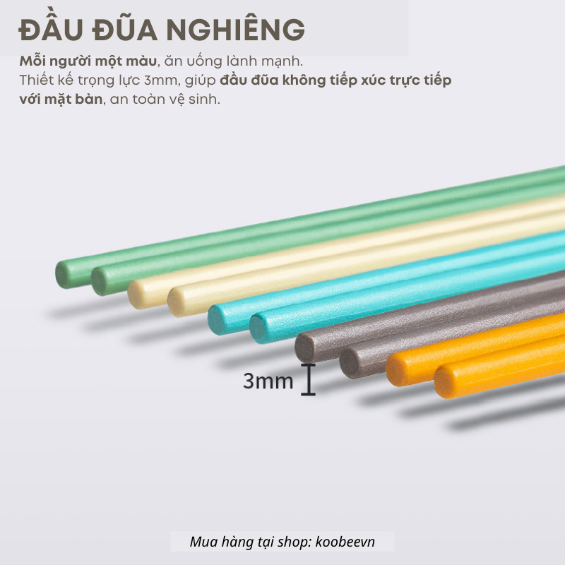 Bộ Đũa Sợi Thuỷ Tinh Đầu Nghiêng Hình Gấu 5 Màu Kháng Khuẩn Không Mốc Chống Trơn Chịu Nhiệt Cao Cấp | 142