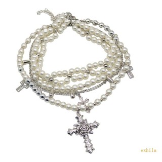 Exhila Vintage Ngọc Trai Nhiều Lớp Dây Vòng Cổ Choker Với Hợp Kim Chắc Chắn Chữ Thập Mặt Dây Chuyền Trang Sức Phụ Kiện Cho Hợp Thời Trang
