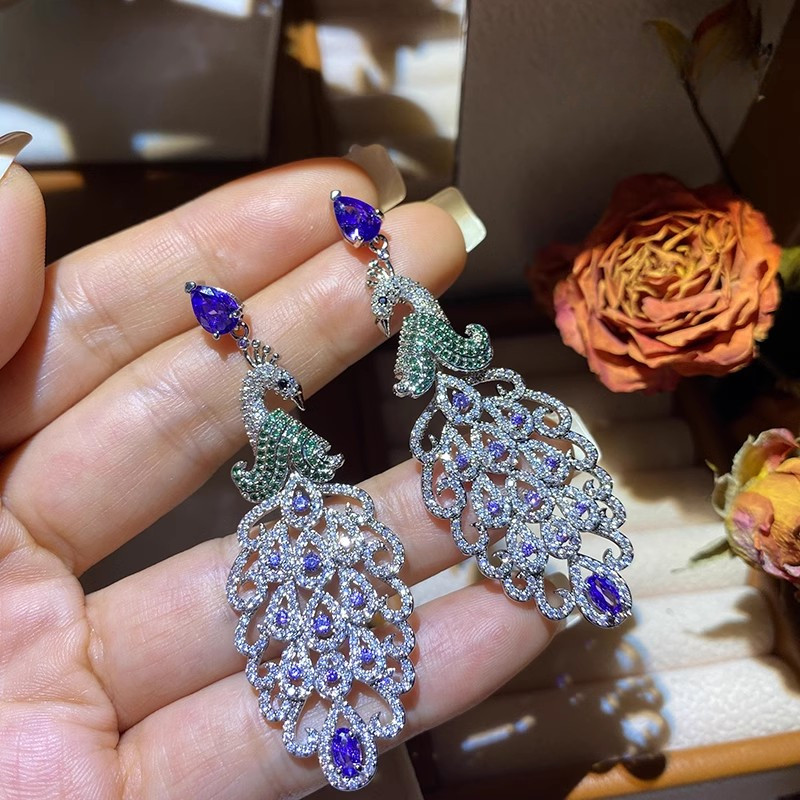 Phong Cách Mới Hình Con Công Zircon Thời Trang Ánh Sáng Bông Tai Sang Trọng s925 Bạc Kim Bông Tai Tinh Tế