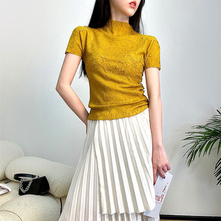 Miyake Xếp Ly Top Nữ Tính Khí Mùa Hè Cổ Đứng Lên Áo Thun Tay Ngắn Ôm Hơn Nhìn