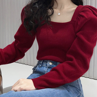 Áo mặc trong tay phồng cổ vuông màu đỏ áo len dệt kim xương đòn phong cách Hàn Quốc mùa thu đông cho nữ