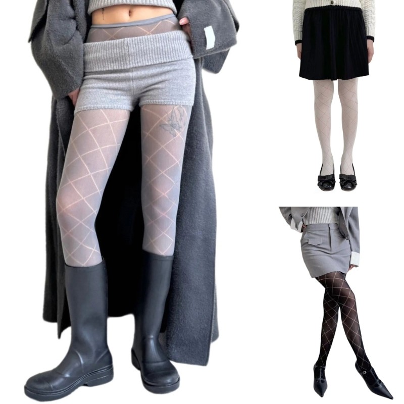 Dasbsug Nữ Cô Gái Phong Cách Nhật Bản Rỗng Ra Lưới Quần Vớ Thanh Lịch Plaids Họa Tiết Jacquard Fishnet Quần
