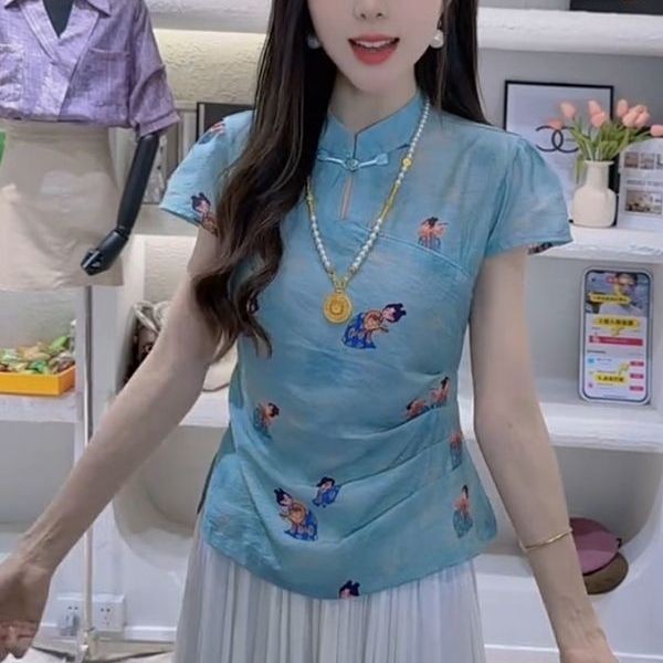 Mùa Hè 2025 Mới Phong Cách Trung Hoa Khóa Chảo Phong Cách Trung Hoa Đường Triều In Hình slim fit Áo Sơ Mi Tay Ngắn Cho Nữ