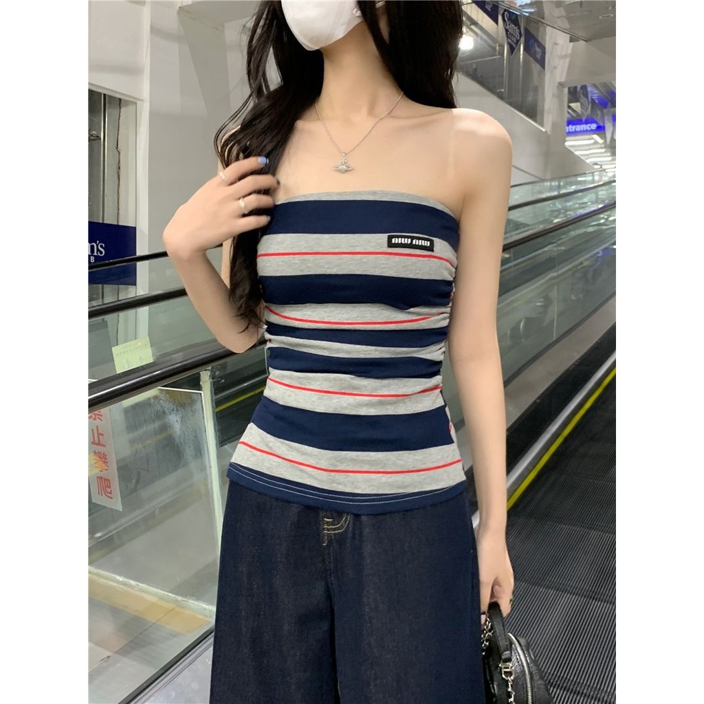 Milyfashion Màu Sắc Tương Phản với Miếng Lót Ngực Sọc Ống Top Bên Ngoài Mặc Mỏng Ngắn Áo Không Tay Cho Nữ