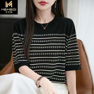Sọc Dệt Kim Tay Ngắn Mùa Hè Nữ Phong Cách Mới Rỗng Rời Màn Hình Thiết Kế Đi Lại Đơn Giản Cổ Tròn Top 2025