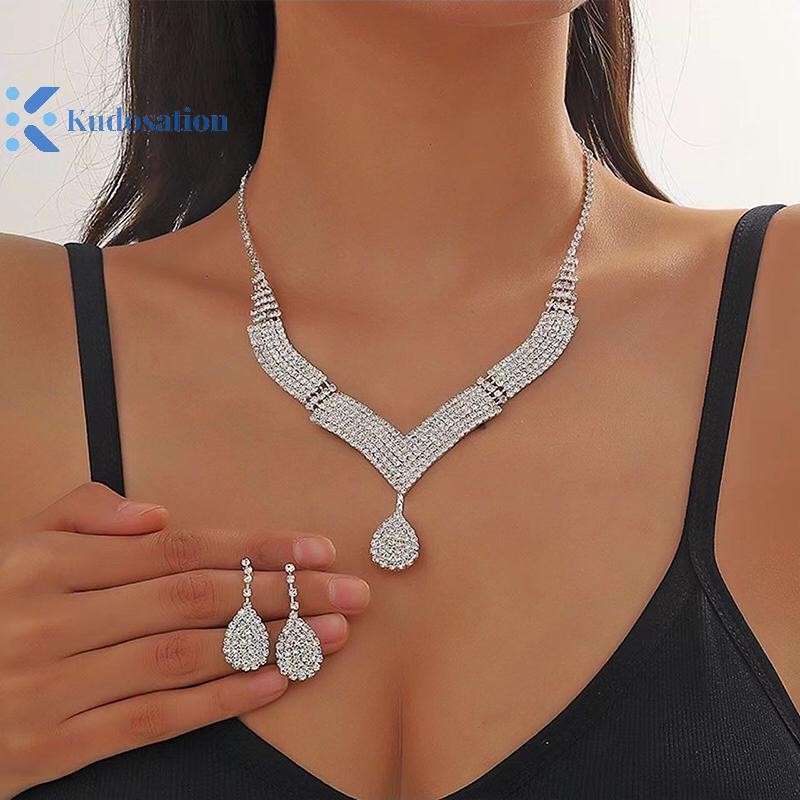 Kudosation 2 Chiếc Thời Trang Kim Cương Giả Dây Chuyền Bông Tai Bộ Trang Sức Nữ Cưới Phụ Kiện Quà Tặng