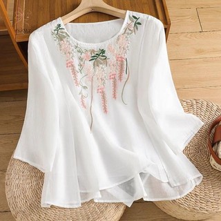 Hình dáng rộng Áo sơ mi bông cổ thủy thủ thoáng khí phong cách vintage dành cho nữ mùa hè