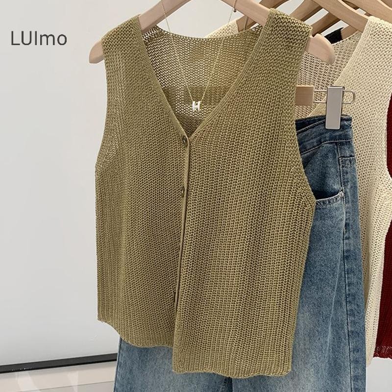 Áo Vest Nữ Mùa Hè Hàn Quốc, Bằng Cotton và Vải Lanh, Cổ Chữ V, Màu Trơn