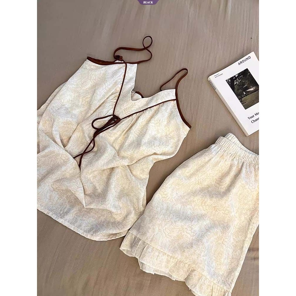 Bộ đồ ngủ yếm họa tiết cổ điển và quầnshort mùa hè cao cấp, phong cách INS