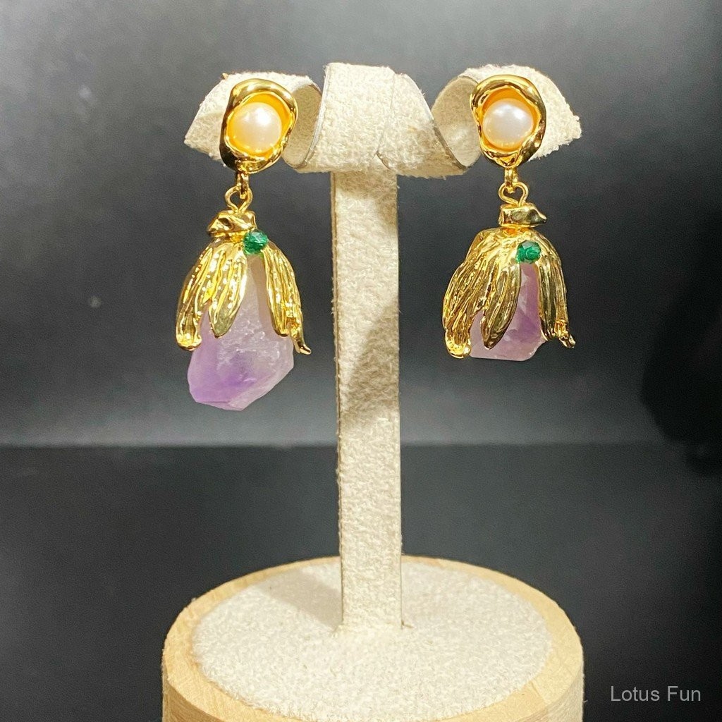 Mạ đồng bông tai vàng 18K với pha lê hình trái cây và hoa oải hương - Tinh tế ngọt ngào dành cho các cô gái