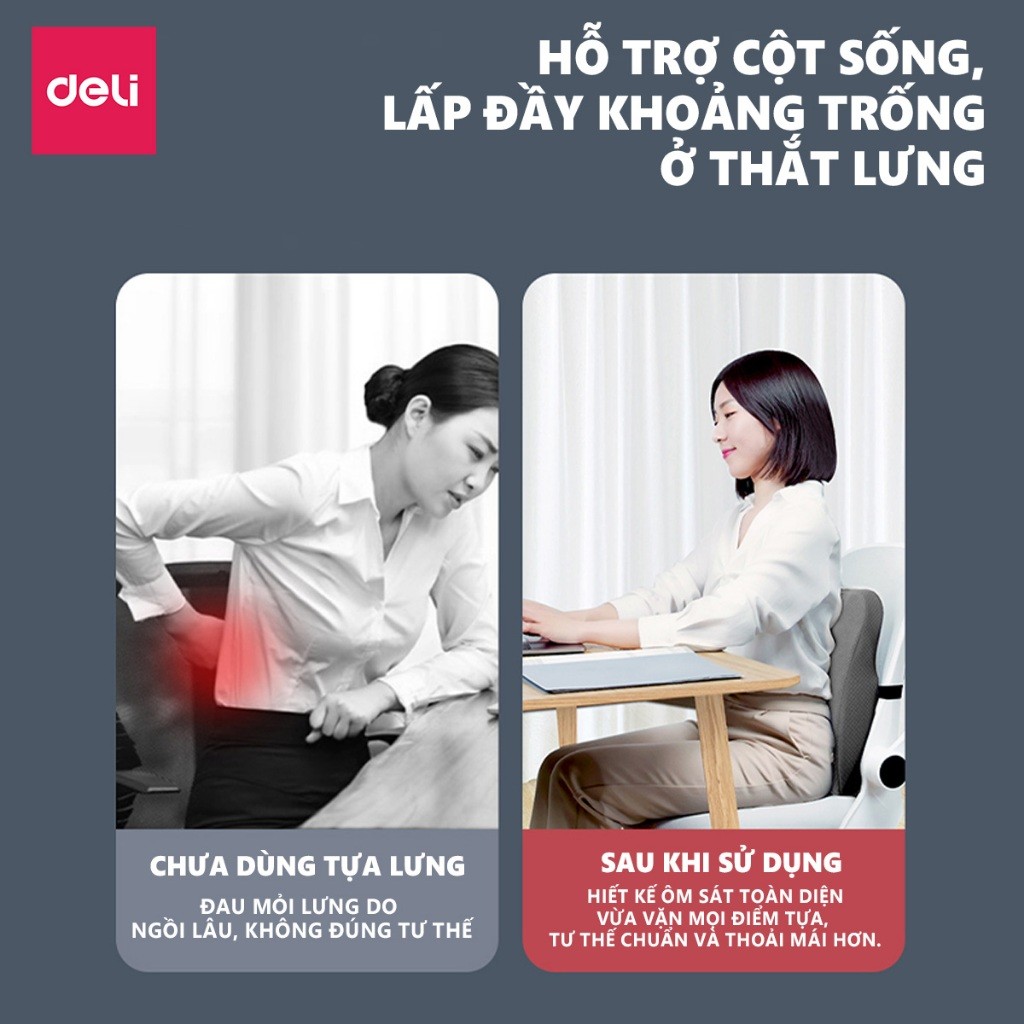 Combo Bộ gối tựa lưng và đệm Foam lót ghế văn phòng DELI, giảm đau mỏi chống gù lưng, hỗ trợ giảm đau ngồi lâu