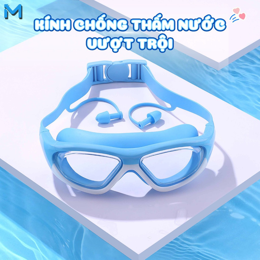 Kính bơi trẻ em từ 3-15 tuổi, silicon cao cấp, có nút bịt tai, chống nước và chống sương mù HD