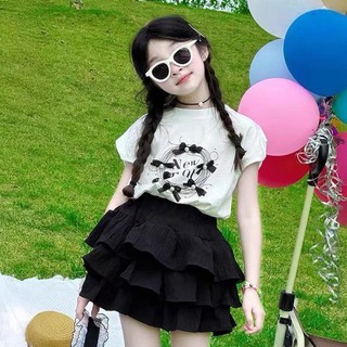 Set đồ bé gái áo thun ngọc trai tay ngắn + váy xếp tầng phong cách Hàn Quốc mùa hè