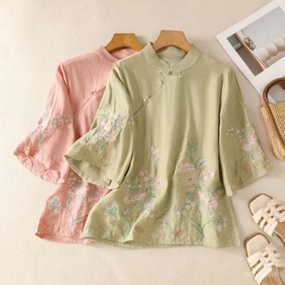 Áo sơ mi đứng cổ phong cách vintage Trung Hoa, thiết kế slanting placket và nút rời thêu đẹp mắt