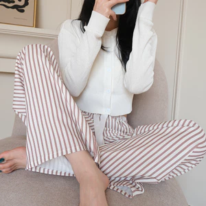 Mùa Hè Pyjama Quần Nữ Mùa Xuân Thu Mỏng Ngọc Trai Cotton Nhà Quần Có Thể Mặc Bên Ngoài Quần Sọc Rộng Quần Phong Cách Mới