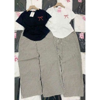 SÉT BỘ QUẦN  KẺ SỌC VẰN + MIX ÁO THUN CROPTOP TĂM NGẮN-CRT NƠ AN PHA NGẮN-