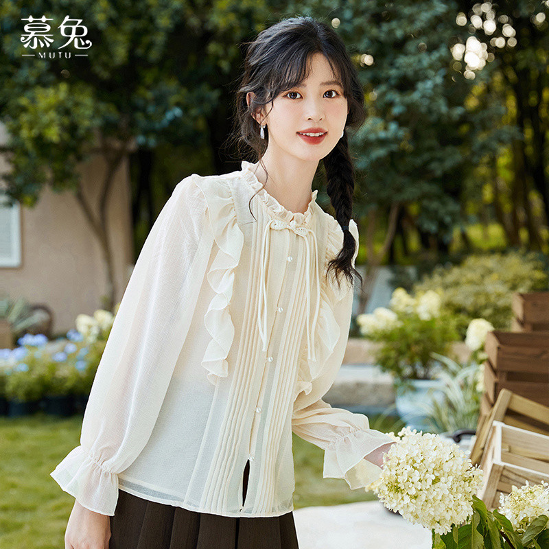 Mutu Áo Sơ Mi Voan Xù Mùa Xuân, Phong Cách Trung Hoa, Nút Cổ Thanh Lịch