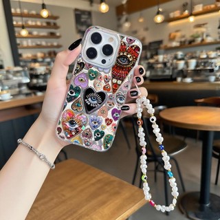 Retro Full Evil Eyes Ngọc Trai Dây Xích Ốp Lưng Tương Thích Cho iPhone 12 11 Pro Max 12 11 Pro XS Max XR X 7 8 Plus SE 2020 Trái Tim Tình Yêu Cô Gái Laser Vỏ Điện Thoại