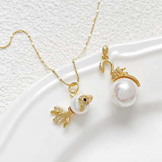 Mặt dây chuyền tự làm 14K mạ đồng màu vàng với sọc zircon, cá vàng, thiên nga và ngọc trai - Phụ kiện vòng cổ