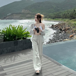 Set 3 Món: Áo Sơ Mi Oversize + Bra 2 Dây + Quần Cạp Cao Ống Suông Cao Cấp