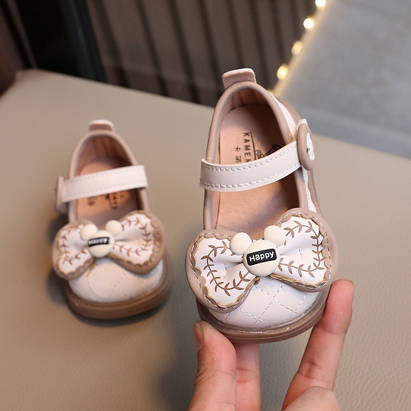 giày búp bê bé gái giày bệt cho bé tập đi chống trượt 6m nơ  gấu xinh xắn da PU mềm êm chân  2413 ( có video ảnh thật )