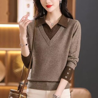 Dệt Kim Dài Tay Giả Hai Mảnh Nữ Top Thu 2024 Phong Cách Mới Nữ Thời Trang Áo Sơ Mi Áo Len Đáy Áo Sơ Mi