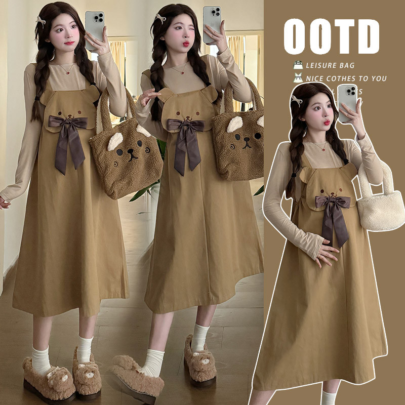 Bộ đồ bà bầu Thu Đông Phong cách mới Váy dây đeo vui nhộn + Bộ đồ hai mảnh đáy dài tay