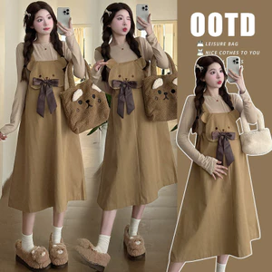 Bộ đồ bà bầu Thu Đông Phong cách mới Váy dây đeo vui nhộn + Bộ đồ hai mảnh đáy dài tay