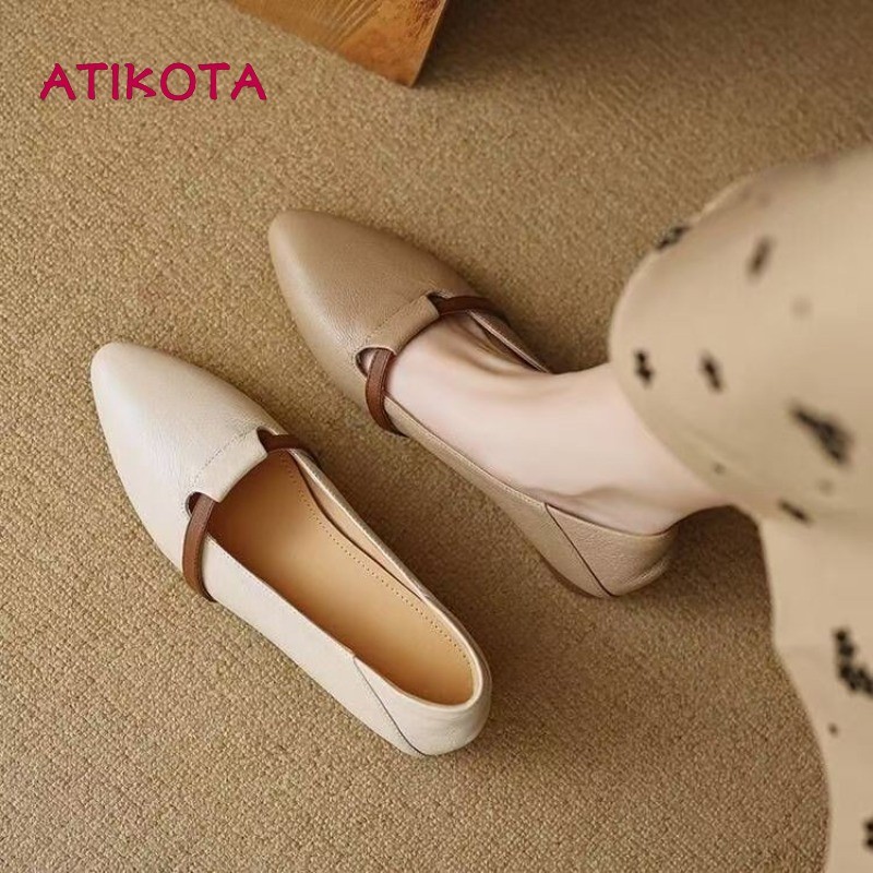 Atikota Nữ Đế Bằng Thời Trang Mũi Nhọn Đơn Giản Nông Miệng Ánh Sáng Đa Năng Cao Su Đế Mềm Thoải Mái Giày Đơn Cho Nữ