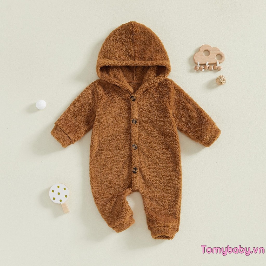 Bộ áo liền quần lông cừu cho bé dài tay có mũ trùm đầu dài cho bé trai bé gái