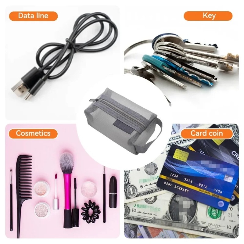 Túi lưu trữ lưới vuông di động Dây kéo Mini Ví đựng tiền xu Túi dung tích lớn Túi đựng mỹ phẩm trong suốt